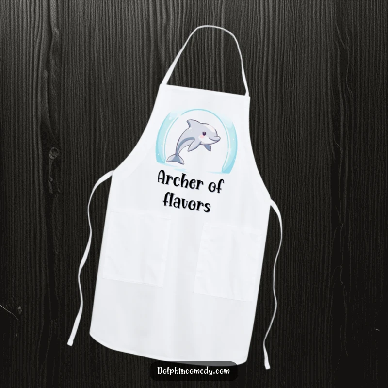Funny Dolphin Apron: Determined dolphin swims through an archway, representing humorous culinary achievement, funny gift.