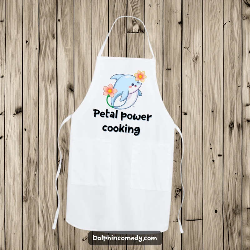 Artistic Dolphin Flower Apron depicting a dolphin swimming gracefully with a flower, a charming and functional kitchen accessory.