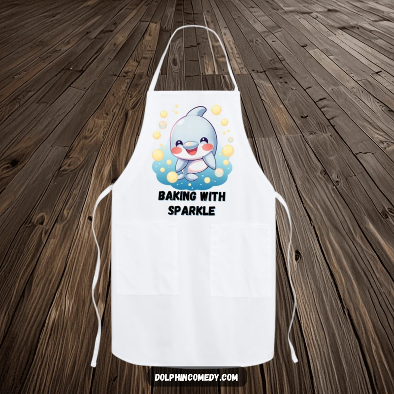 Funny Apron: A smiling dolphin surrounded by glowing ocean bubbles. Humorous and practical kitchen wear for happy cooks.