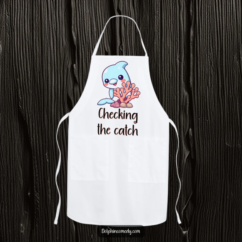 Funny apron featuring a dolphin curiously peeking from behind a coral formation, ideal for kitchen tasks and adding ocean charm.
