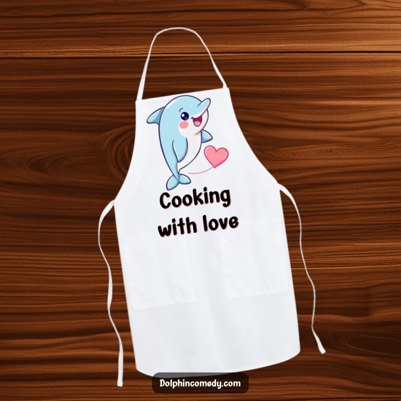 Funny cheerful dolphin with a heart shape trailing behind it, worn on a kitchen apron, adding a touch of love.