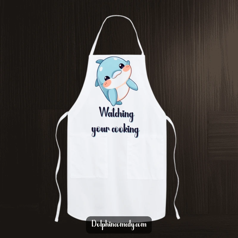 Funny Kitchen Apron depicting a curious dolphin character bobbing its head, perfect for chefs and home cooks, a humorous funny gift.