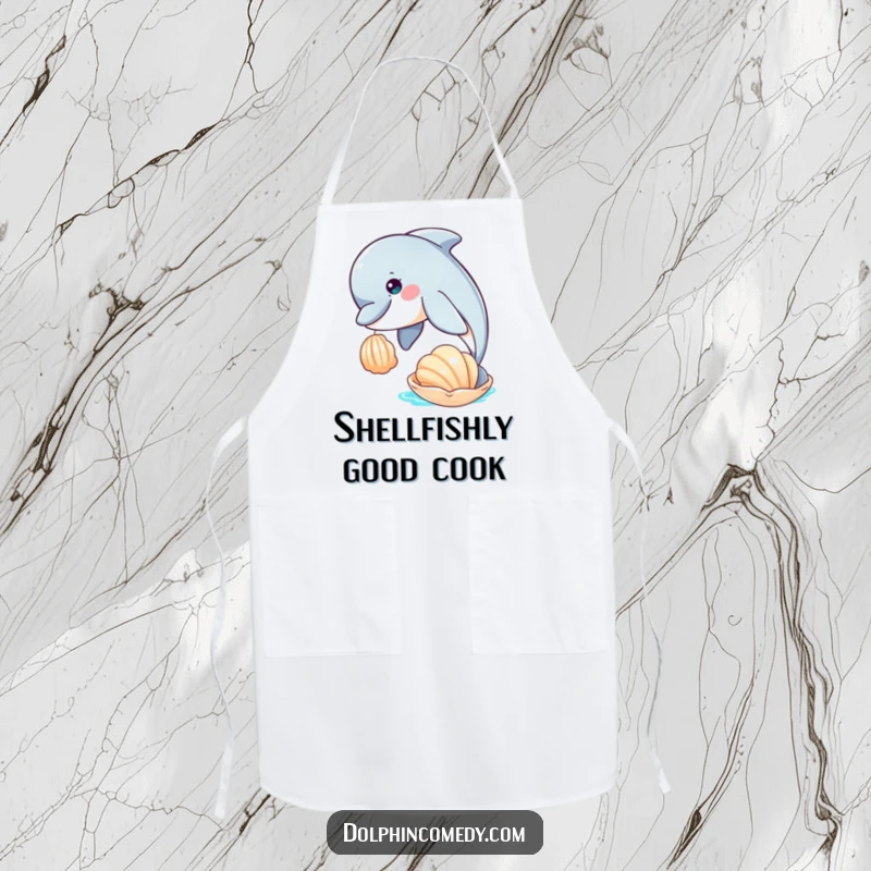 Funny cooking apron with a curious dolphin playfully nudging a seashell, adding humor to kitchen duties for sea lovers.