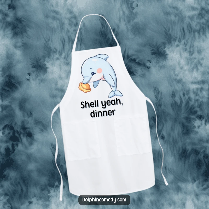 Funny Dolphin Apron with a curious dolphin tilting its head to examine a shiny seashell, adding humor to cooking.