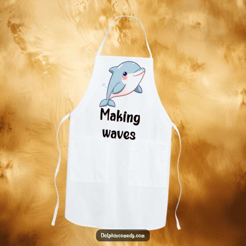 Funny Dolphin Apron depicting a content dolphin gliding through water, ideal for kitchen tasks with humorous grace and nautical flair.