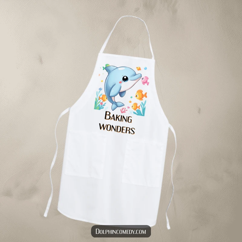 Funny Dolphin Apron depicting a curious dolphin with wide eyes watching fish, ideal for kitchen tasks with humorous wonder and nautical charm.