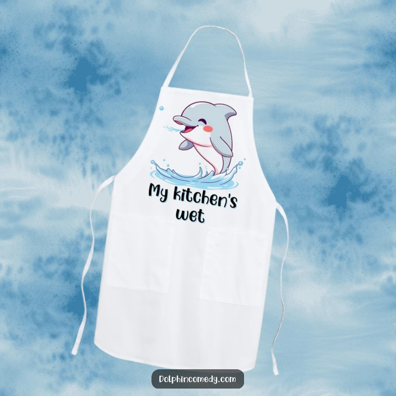 Funny Dolphin Apron depicting an excited dolphin spraying water, a humorous and practical kitchen accessory.