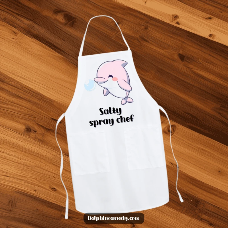 Funny durable apron featuring a smiling dolphin blowing a water bubble, perfect for kitchen use.