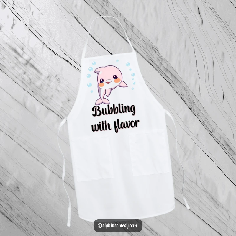 Funny dolphin creating a perfect ring of bubbles underwater, a humorous and practical apron for kitchen playfulness.