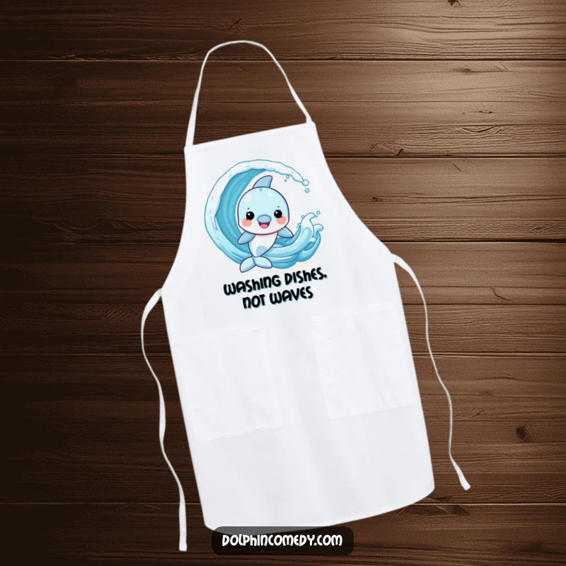Funny Dolphin Apron depicting a cheerful dolphin playing with a playful wave, perfect for adding fun to cooking.