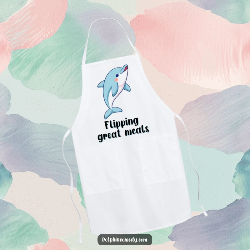 Funny dolphin apron featuring a playful dolphin performing a magnificent flip, adding energy and humor to cooking.