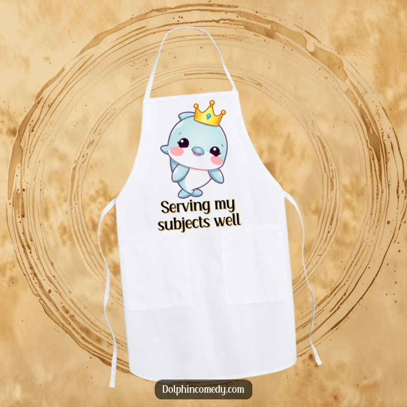 Funny apron for cooking, featuring a dolphin king wearing a crown, ready to whip up a feast with a regal, humorous air.
