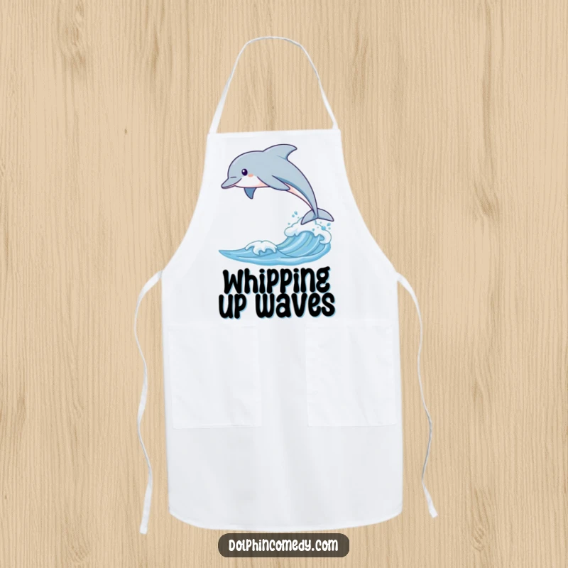 Funny apron with a sleek dolphin leaping over a gentle wave, perfect for adding a touch of elegance to cooking.