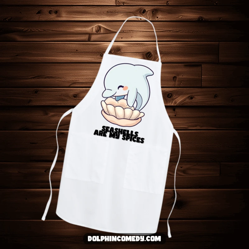 Funny Dolphin Apron: Playful dolphin nudging a seashell, perfect for a humorous kitchen accessory, funny gift.