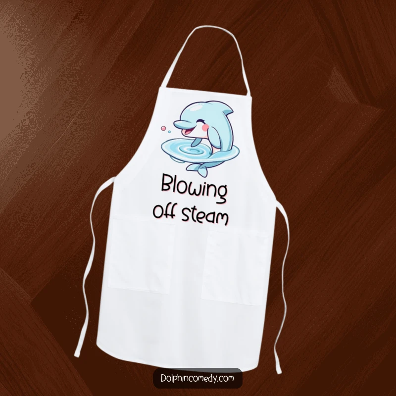 Funny Dolphin Apron with a playful grin blowing a perfect water ring, perfect for adding humor to kitchen activities.