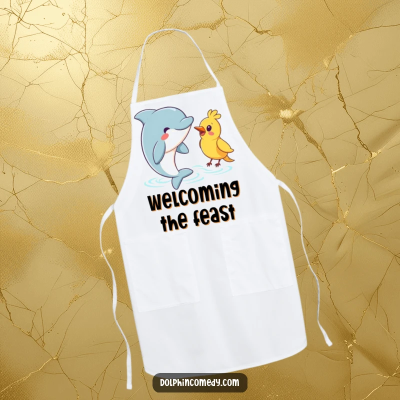 Funny Dolphin Apron: A dolphin warmly greeting a bird, a humorous and charming kitchen accessory.