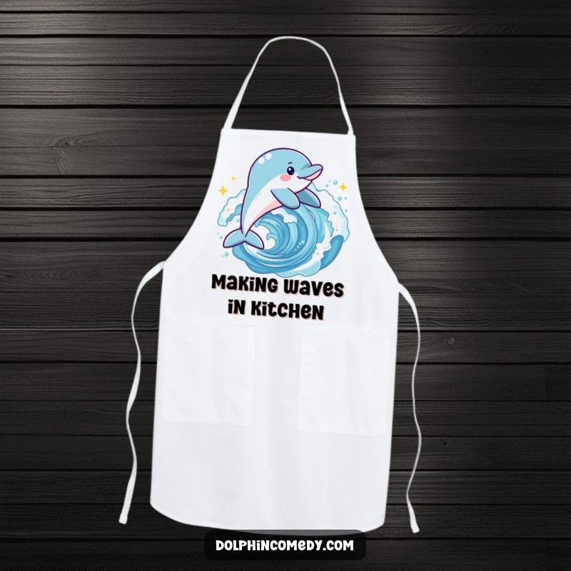 Funny joyful dolphin apron showing a happy dolphin leaping through a sparkling wave, great for kitchen activities.