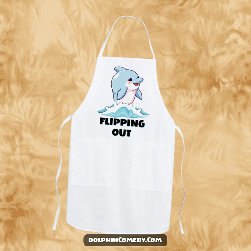 Funny apron showcasing a dolphin with an ecstatic expression leaping from ocean waves, bringing joy to the kitchen.