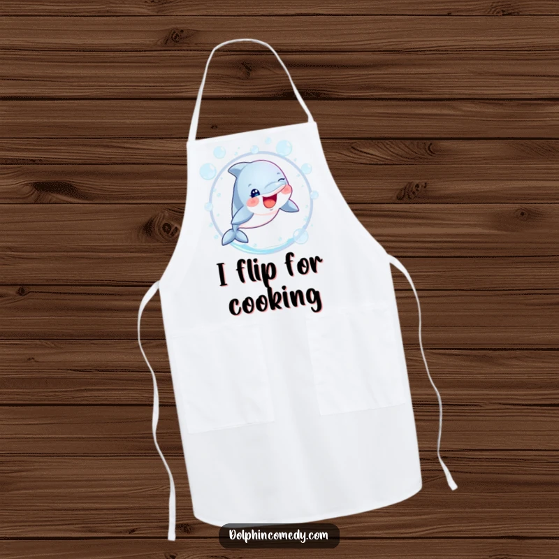 Funny dolphin with sparkling eyes leaping through bubbles, printed on a kitchen apron for a humorous cooking experience.