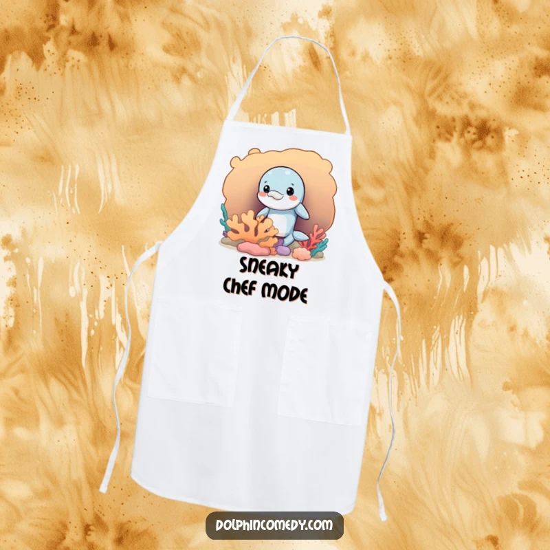 Funny apron with a mischievous dolphin peeking from behind coral, perfect for adding a playful, humorous touch to cooking.