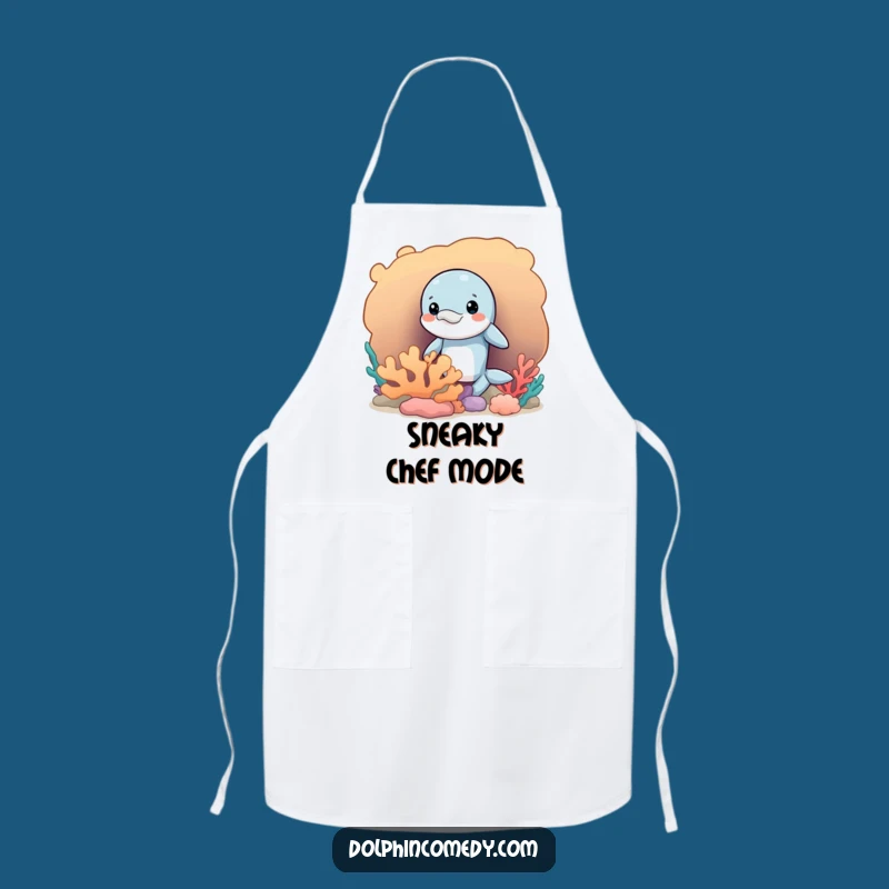 Funny Mischievous Dolphin Apron, Peeking Chef, Coral Kitchen Fun