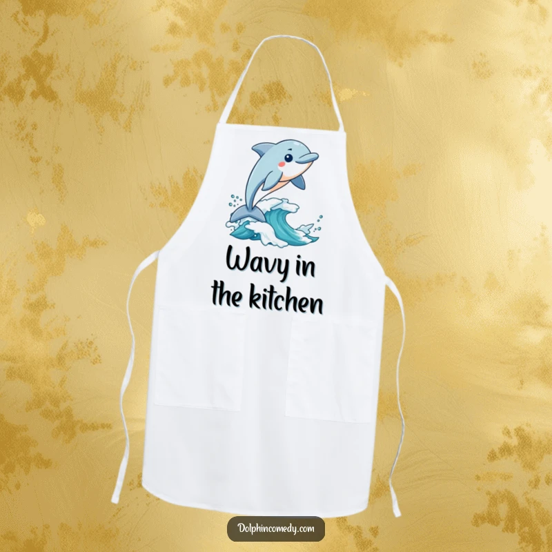 Funny Apron: A dolphin rides a wave with pure excitement, bringing humorous energy to your kitchen attire.