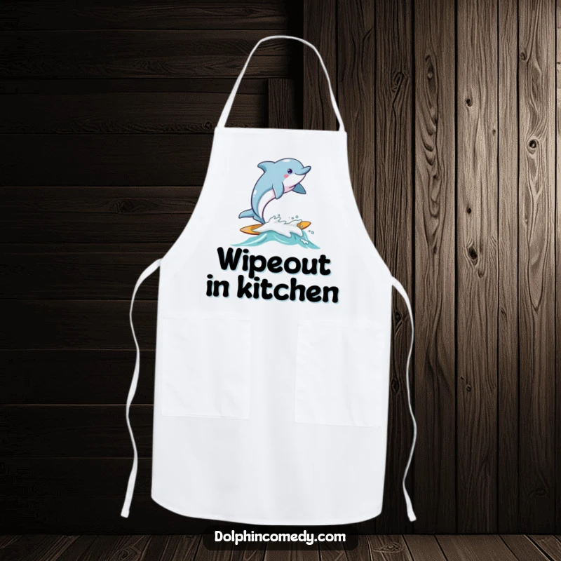 Funny Dolphin Apron with a dolphin joyfully surfing on a small, friendly wave, perfect for adding humor to cooking.