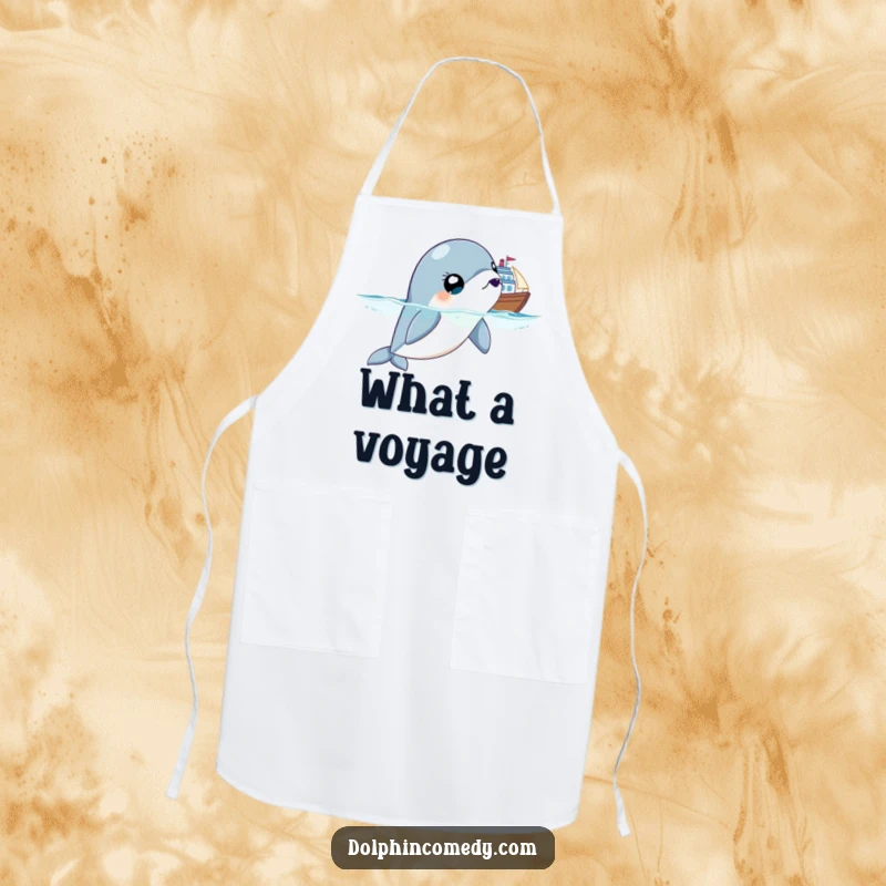 Funny apron featuring a surprised dolphin with wide, saucer-like eyes, observing kitchen happenings, ideal for humorous cooking sessions.