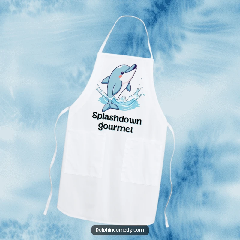 Funny kitchen apron showing a dolphin in a triumphant flip, splashing water, perfect for chefs with a winning spirit.