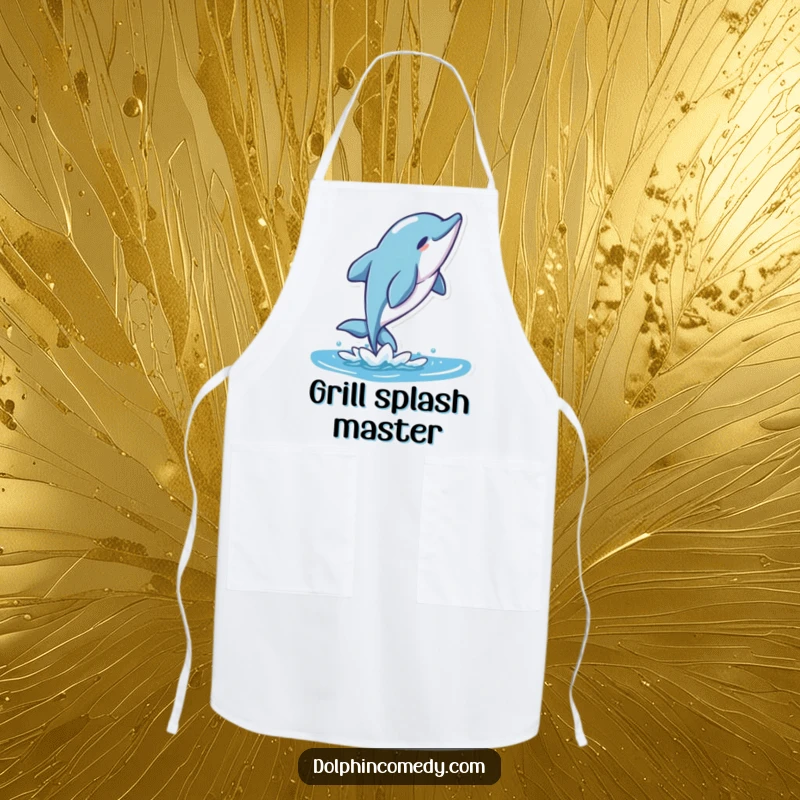 Funny Stylized Dolphin Apron with a character performing a graceful flip, perfect for kitchen fun.