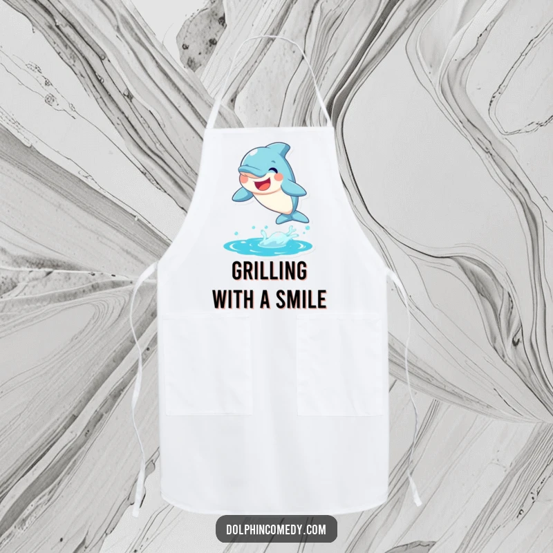 Funny Dolphin Apron depicting a joyful dolphin leaping from water with a big smile, ideal for kitchen fun.