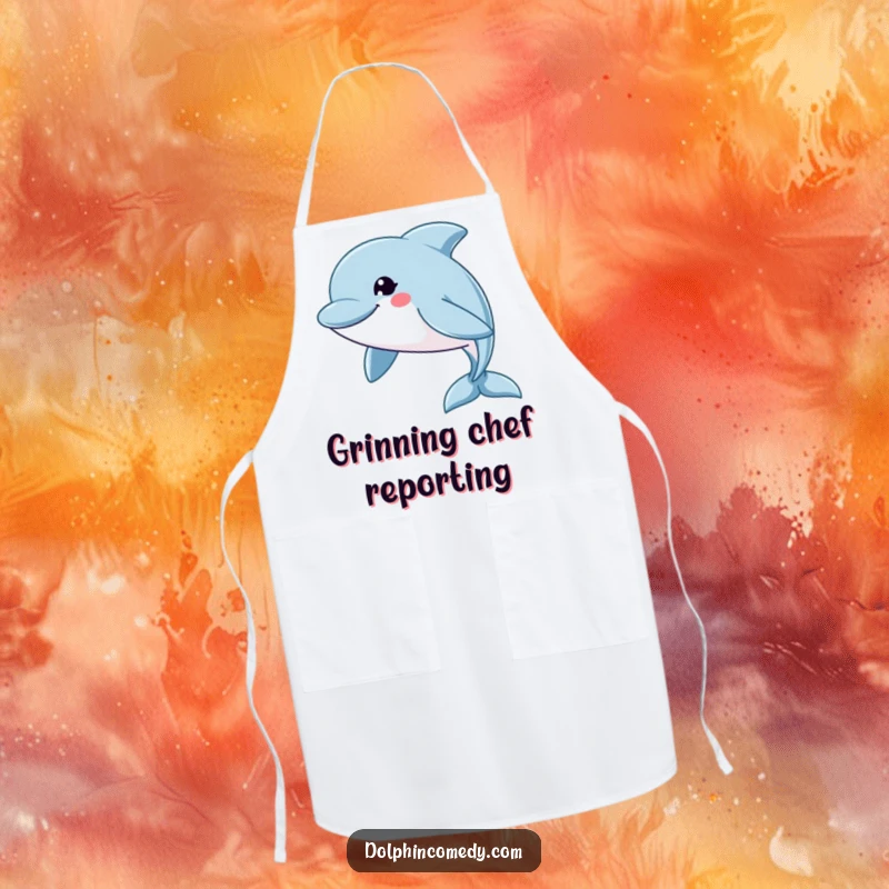 Funny Apron: A dolphin with a broad grin swims swiftly, bringing humorous energy to your kitchen attire.