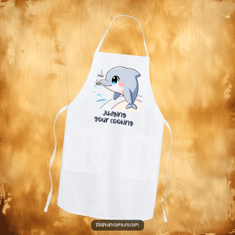 Funny apron showcasing a dolphin with intelligent eyes watching a boat, perfect for adding a curious and humorous touch to cooking.