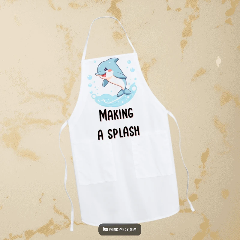 Funny dolphin apron, smiling and leaping through a ring of bubbles, a hilarious kitchen accessory for ocean lovers, great funny gift.