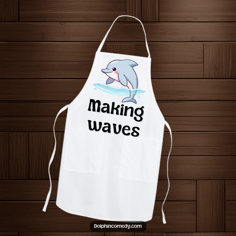 Funny apron featuring a dolphin with streamlined fins gliding through a playful ocean scene, ideal for adding humor to cooking.