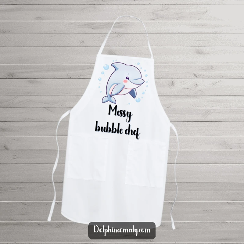 Funny kitchen apron depicting a mischievous dolphin swimming in a bubbly circle, ideal for cooks who love a laugh.