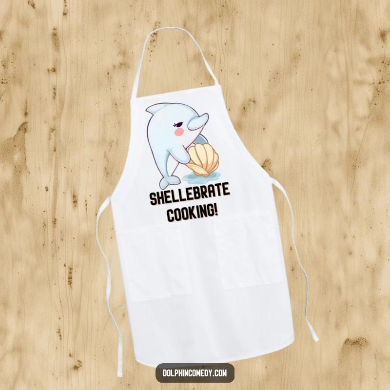 Funny dolphin apron showing a cute dolphin nudging a seashell, making kitchen tasks more enjoyable with marine humor.