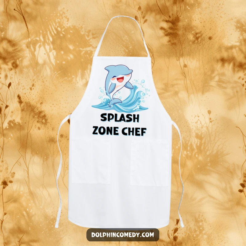 Funny kitchen apron showcasing a happy dolphin leaping from a sparkling wave, ideal for cooks with a sense of humor.