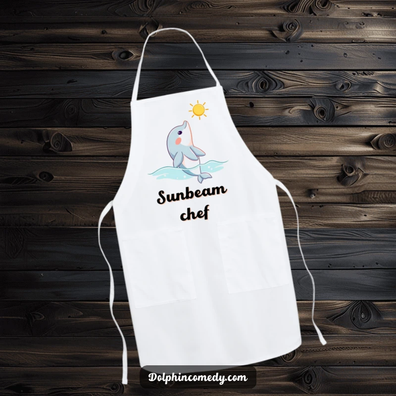 Funny dolphin apron featuring a curious dolphin looking up at a sunbeam, adding peaceful marine charm to cooking.
