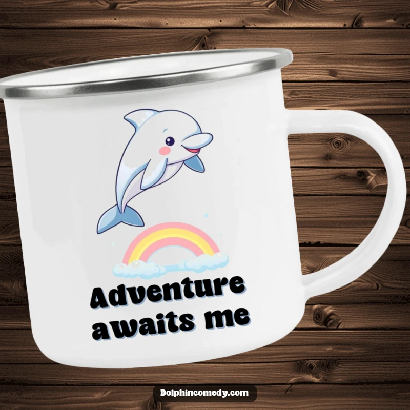 Funny Dolphin Camping Mug: A playful dolphin jumping over a rainbow, ready for outdoor fun and ocean inspiration.