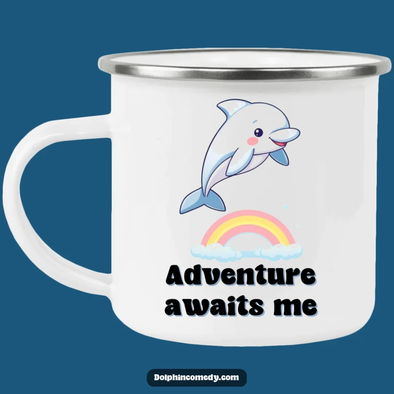 Funny Playful Dolphin Camping Mug: Rainbow Jump Adventure Cup, Great Funny Gift