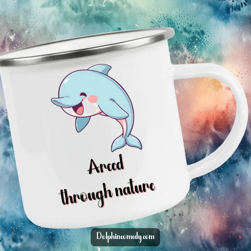 Funny enamel camping mug featuring a cheerful dolphin in a graceful arc, perfect for enjoying beverages during outdoor escapades.