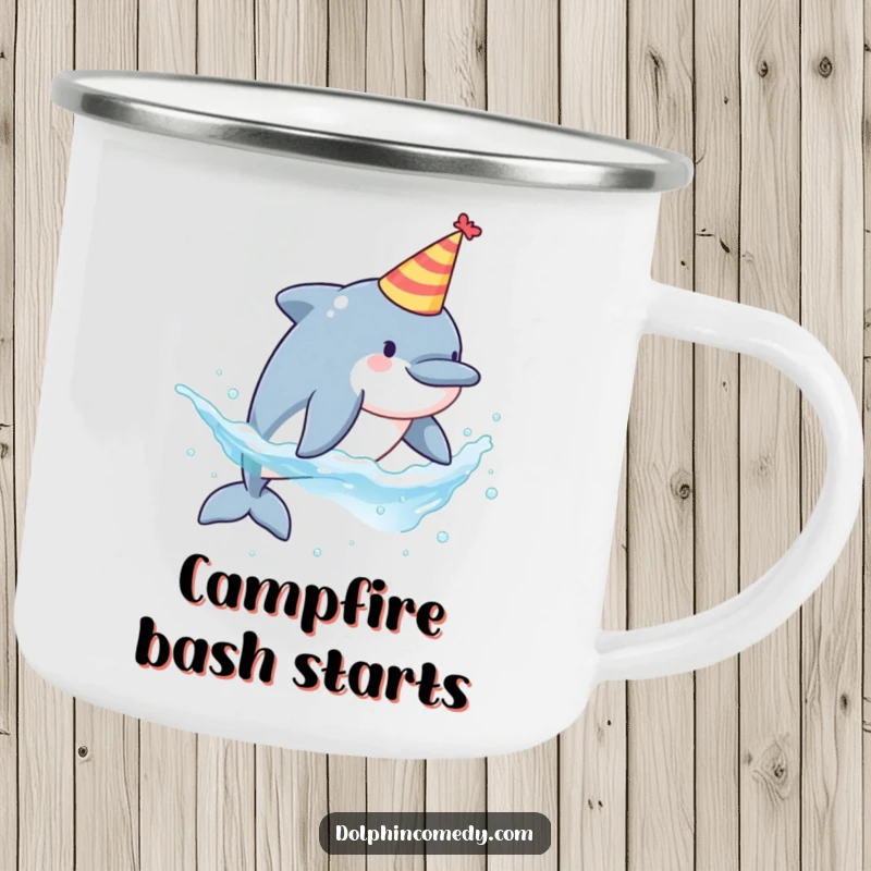 Funny enamel camping mug featuring a dolphin in a party hat splashing water, perfect for outdoor use.