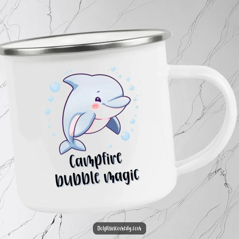 Funny enamel camping mug showing a mischievous dolphin swimming in a bubbly circle, built for durability and fun.