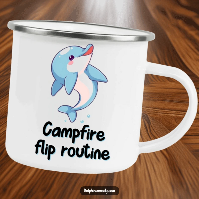 Funny Dolphin Camping Mug: An eager dolphin doing a somersault, embodying fun and adventure for your outdoor excursions.