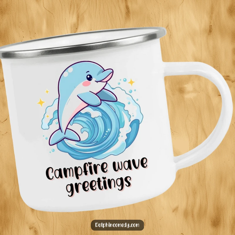 Funny joyful dolphin camping mug depicting a happy dolphin leaping through a sparkling wave, perfect for outdoor drinks.
