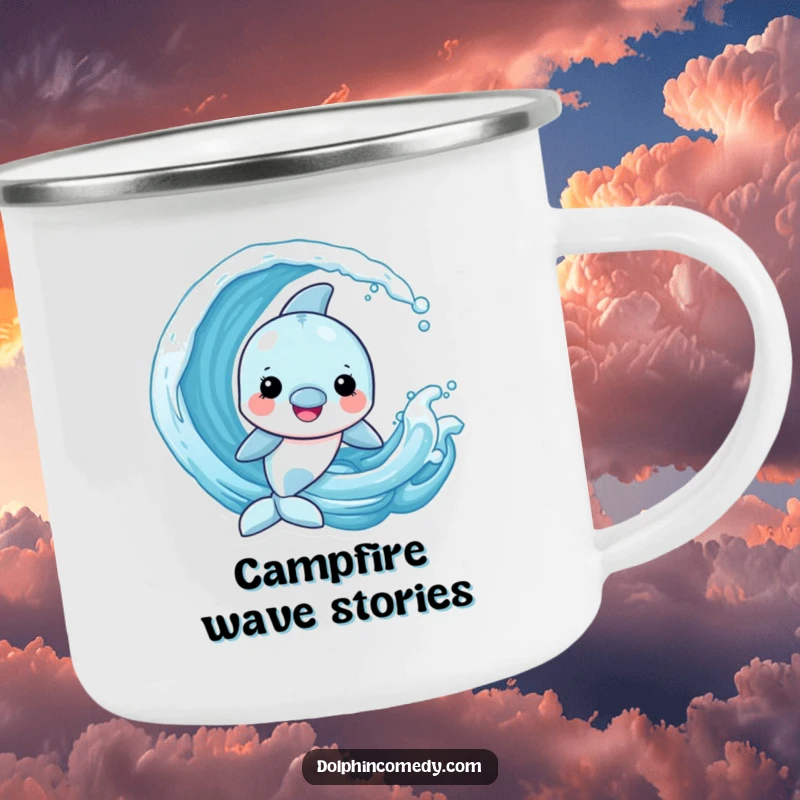 Funny Dolphin Camping Mug showing a cheerful dolphin playing with a playful wave, for ocean-loving adventurers.