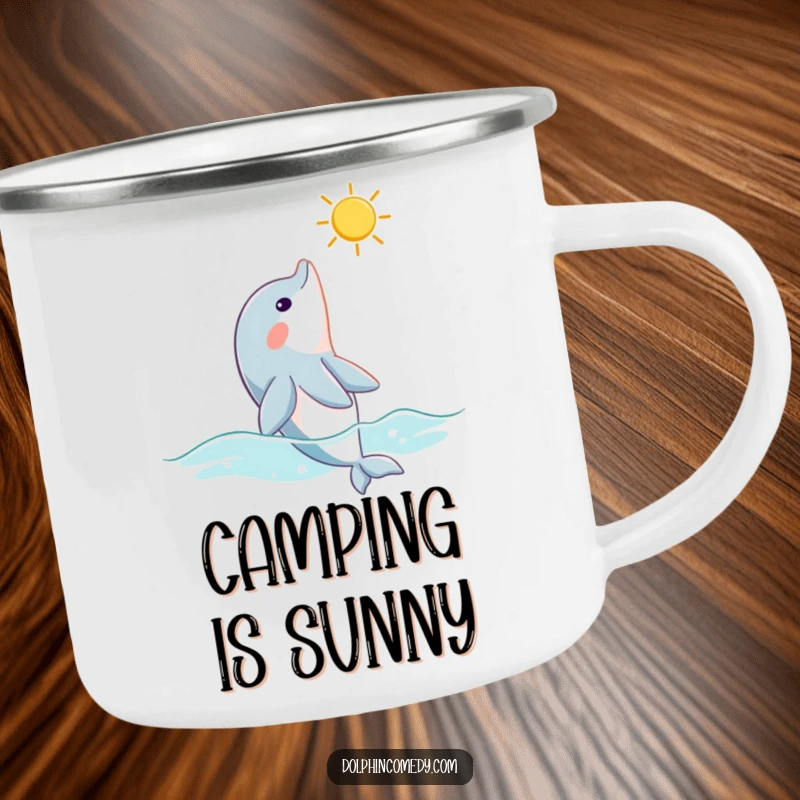 Funny dolphin camping mug featuring a curious dolphin looking up at a sunbeam, ideal for peaceful outdoor enjoyment.