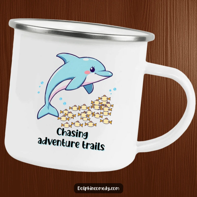 Funny Camping Mug: A durable mug showing a playful dolphin chasing fish, perfect for outdoor humor and drinks.
