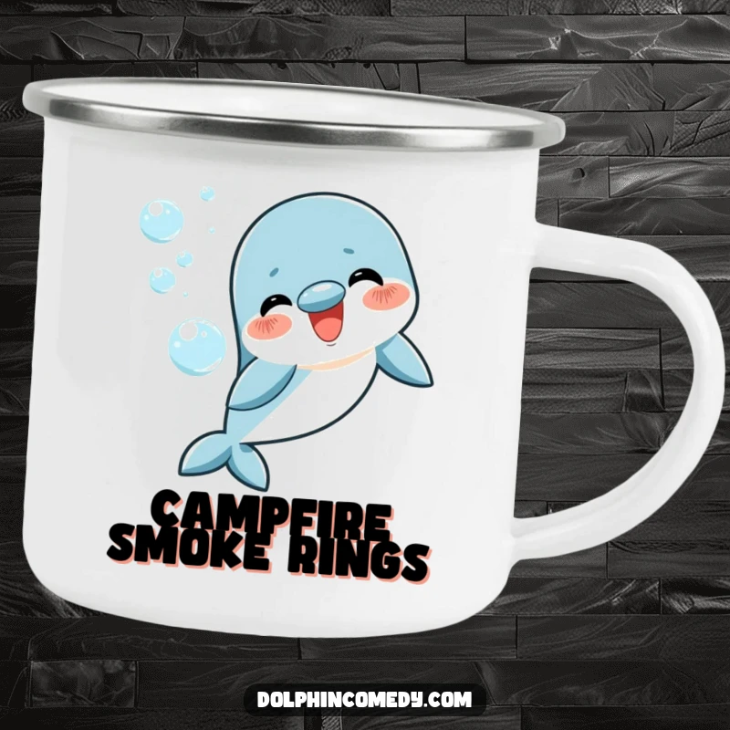 Funny happy dolphin camping mug, blowing cheerful bubble rings, sturdy and portable, ideal humorous gift for outdoors.